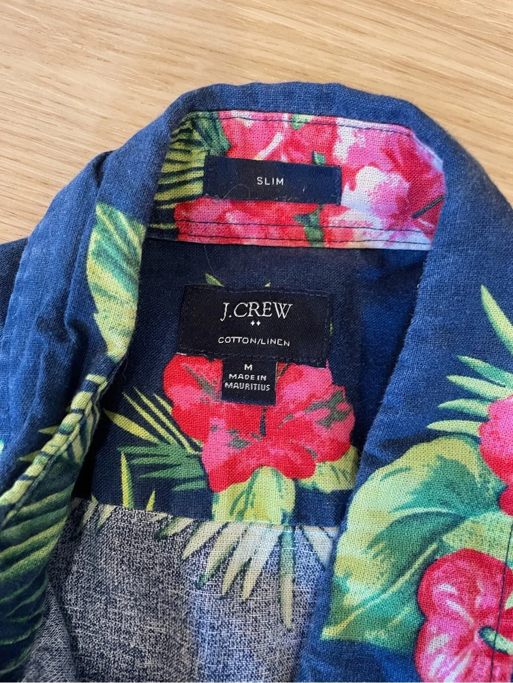 J. Crew Navy Floral Linen-Cotton Camp Shirt with Pink-Red Hibiscus